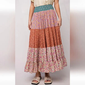 New! Easel Boho Floral Printed Challis Ruffle Tiered Maxi Skirt